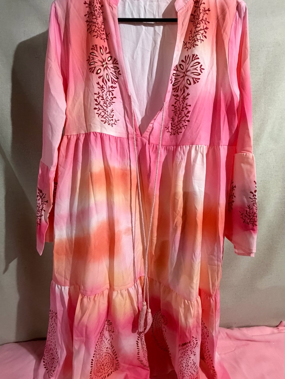 Tendaisy women Pink Tie-Dye Boho Tiered Dress with Embroidered Details